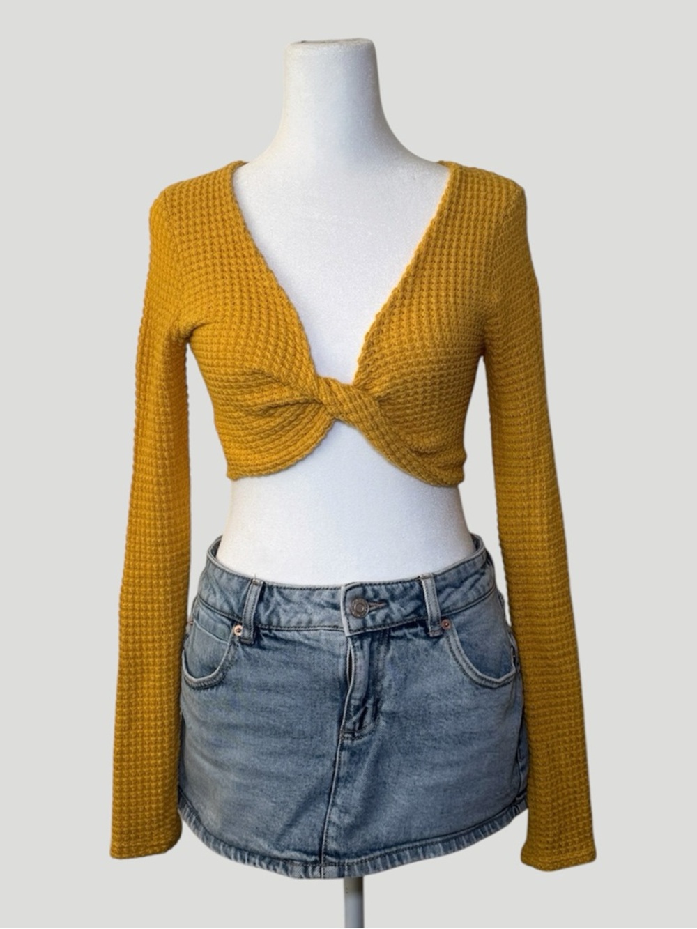 Yellow Waffle Knit Wrap/Twist Front Long Sleeve Crop Top